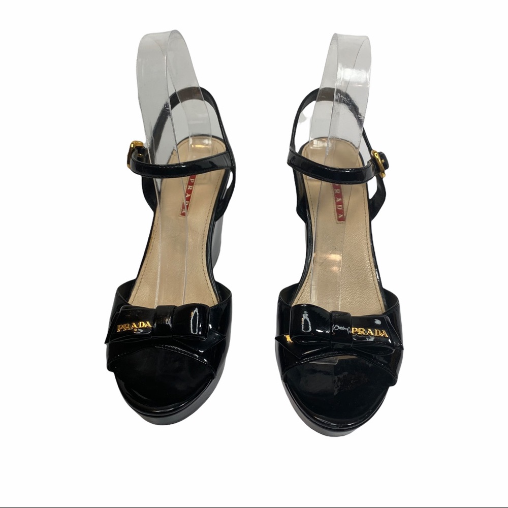 Authentic Prada Black Patent Leather Bow Wedges Size 39